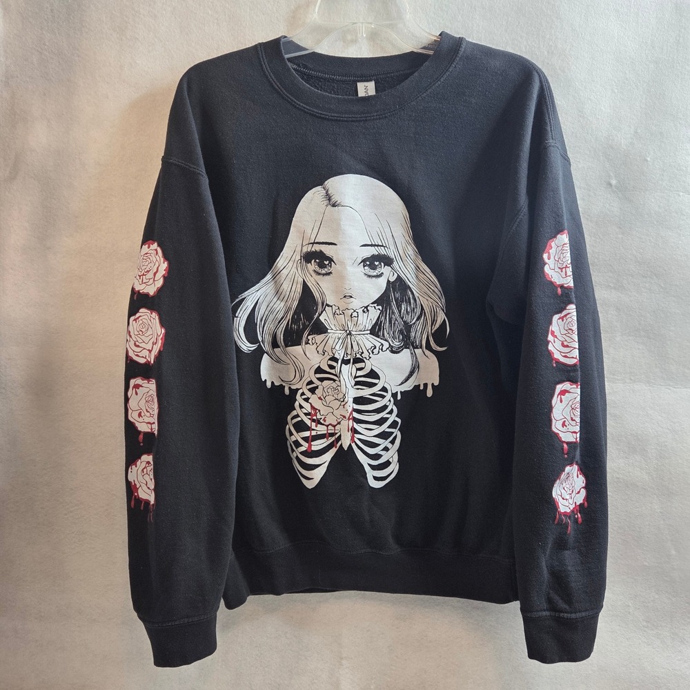 Anime Girl‎ Ribcage Rose Bleeding Heart Y2K Crewneck Sweatshirt Goth Grunge Dark